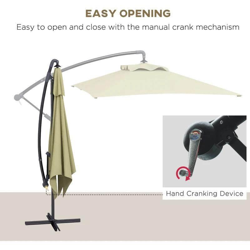 Beige cantilever patio parasol showing manual crank opening mechanism