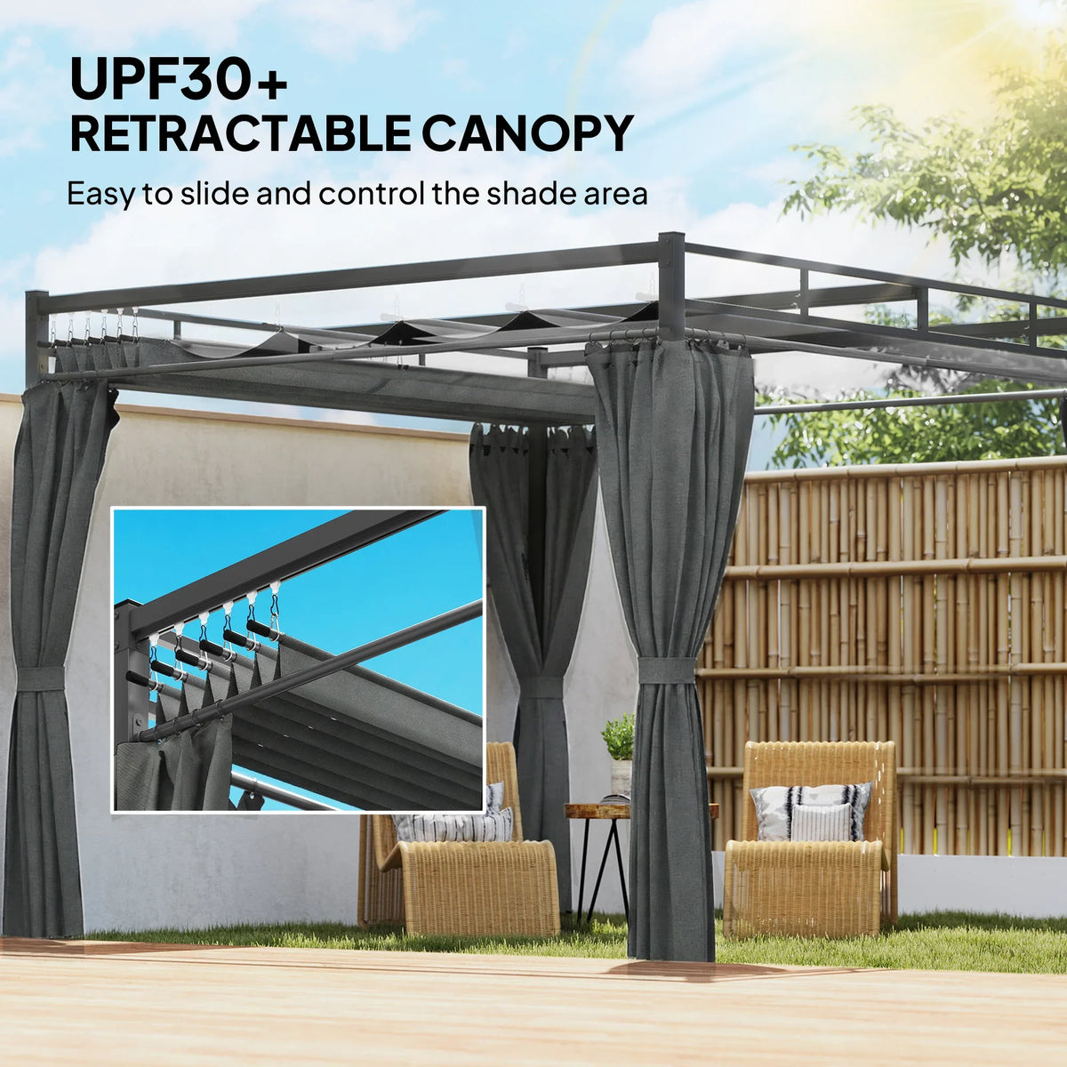 Outsunny dark grey retractable canopy pergola with draped curtains and metal frame