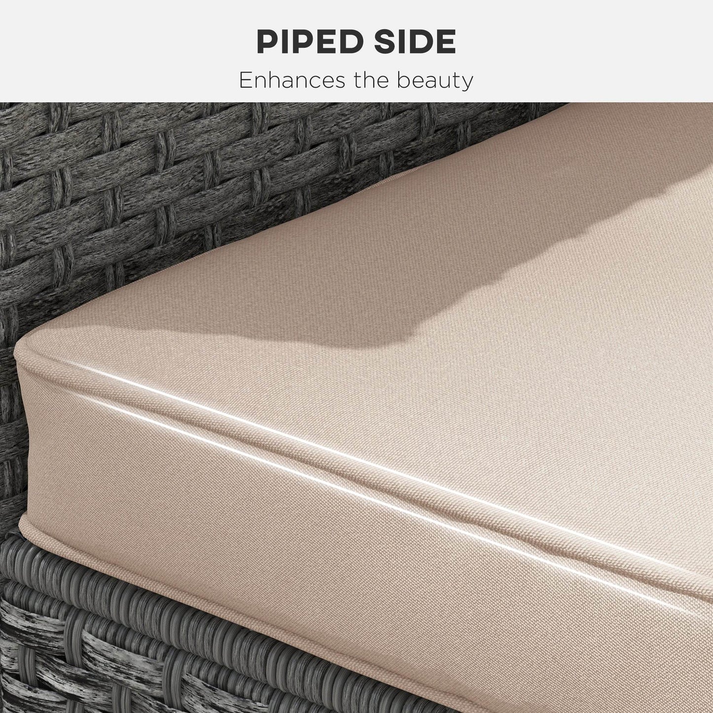 Beige patio chair replacement cushion with piped edges and smooth fabric cover