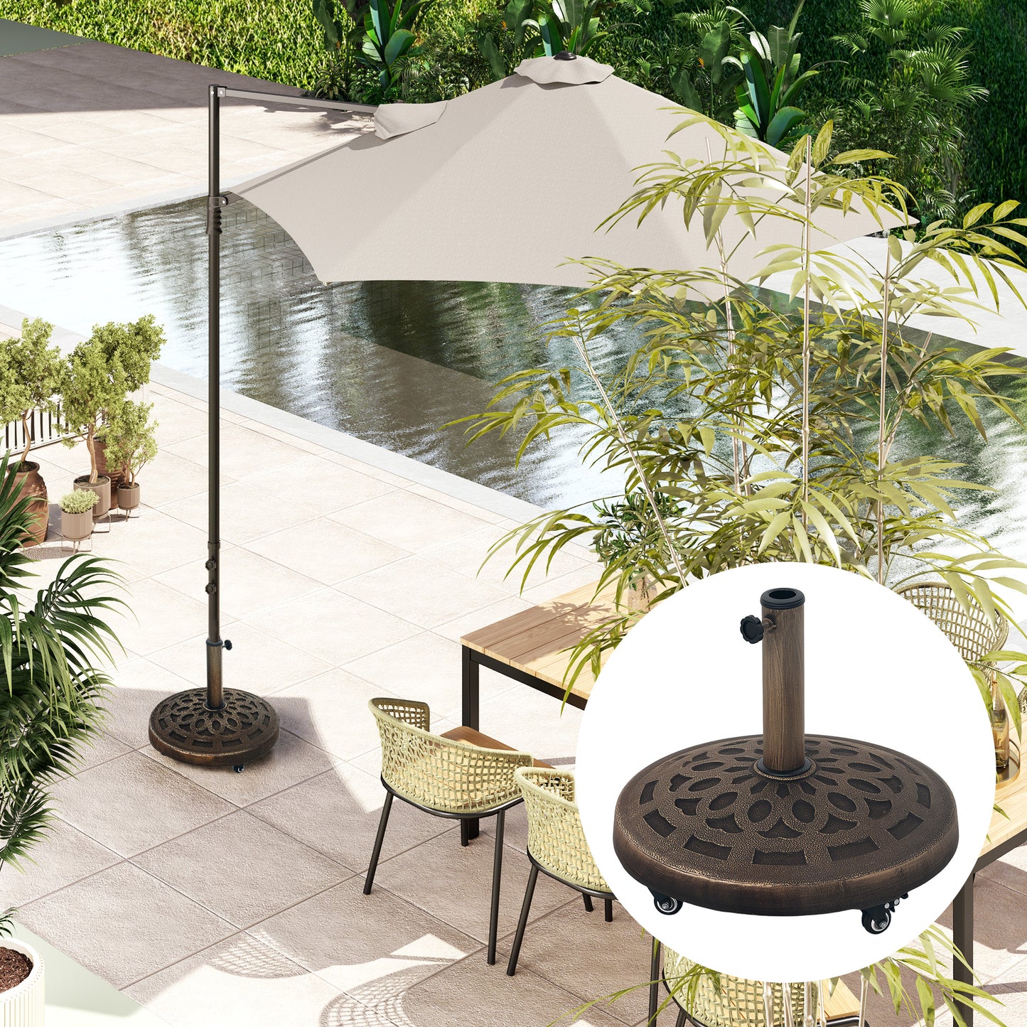 Outsunny 21kg Resin Garden Parasol Base With Wheels Round Umbrella Stand For 32 38 48 Mm Poles Heavy Duty Bronze Tone