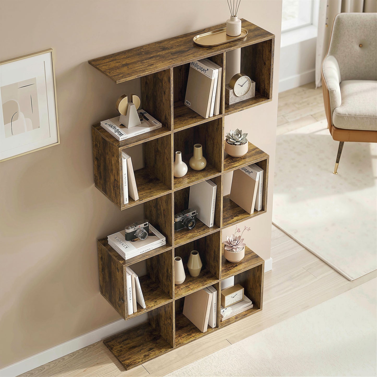 HOMCOM 5 Tier Bookshelf S Shaped Geometric Bookcase 15 Compartments Rustic Brown