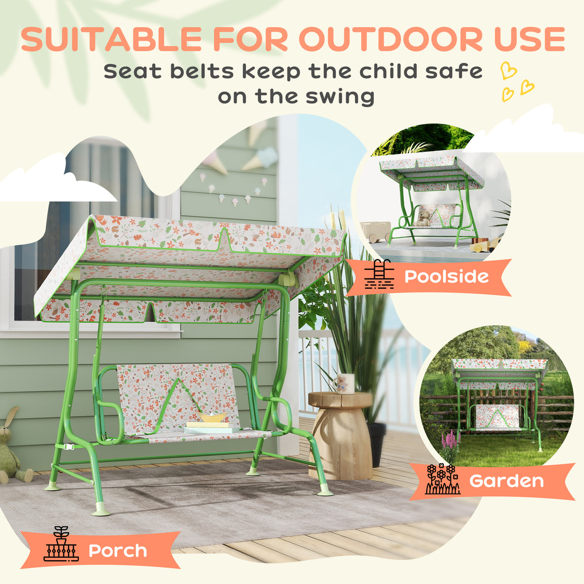 Green kids hammock swing bench for patio porch with seat belts and floral canopy