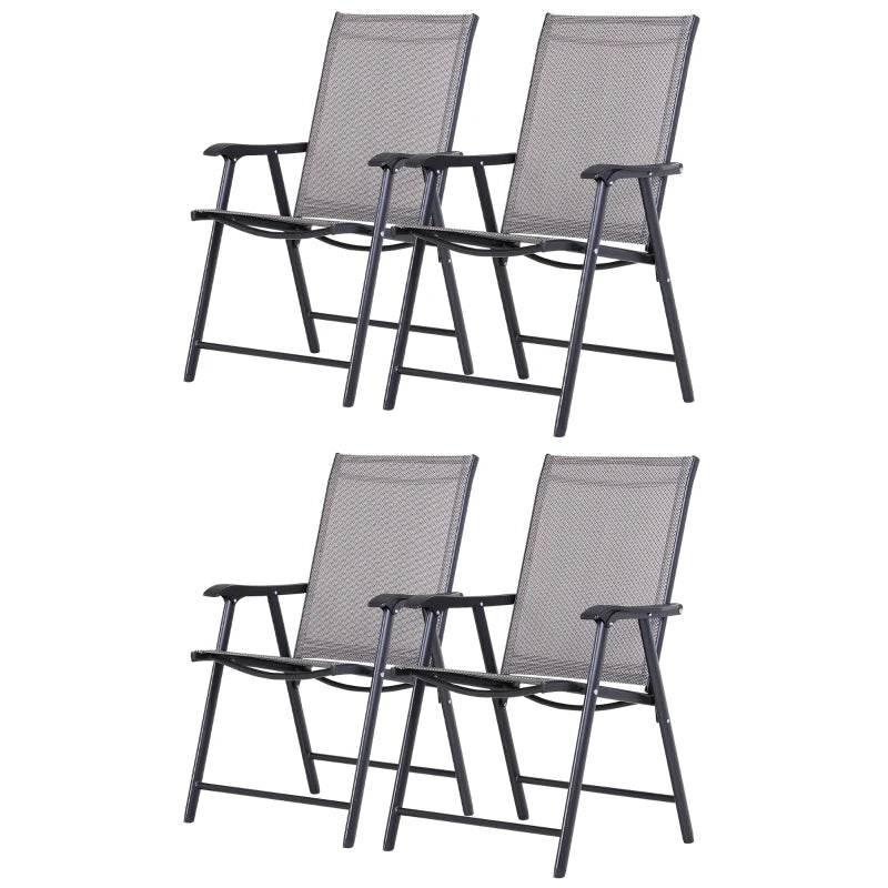 Set of four grey folding garden chairs with mesh backs and black metal legs