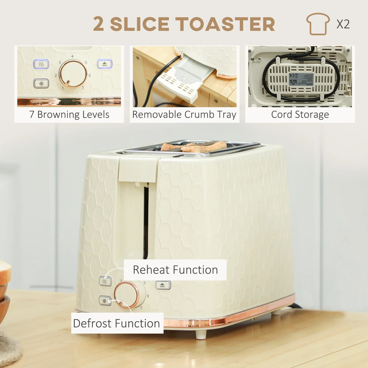 Beige 2-slice toaster with adjustable browning, reheat, and defrost functions.