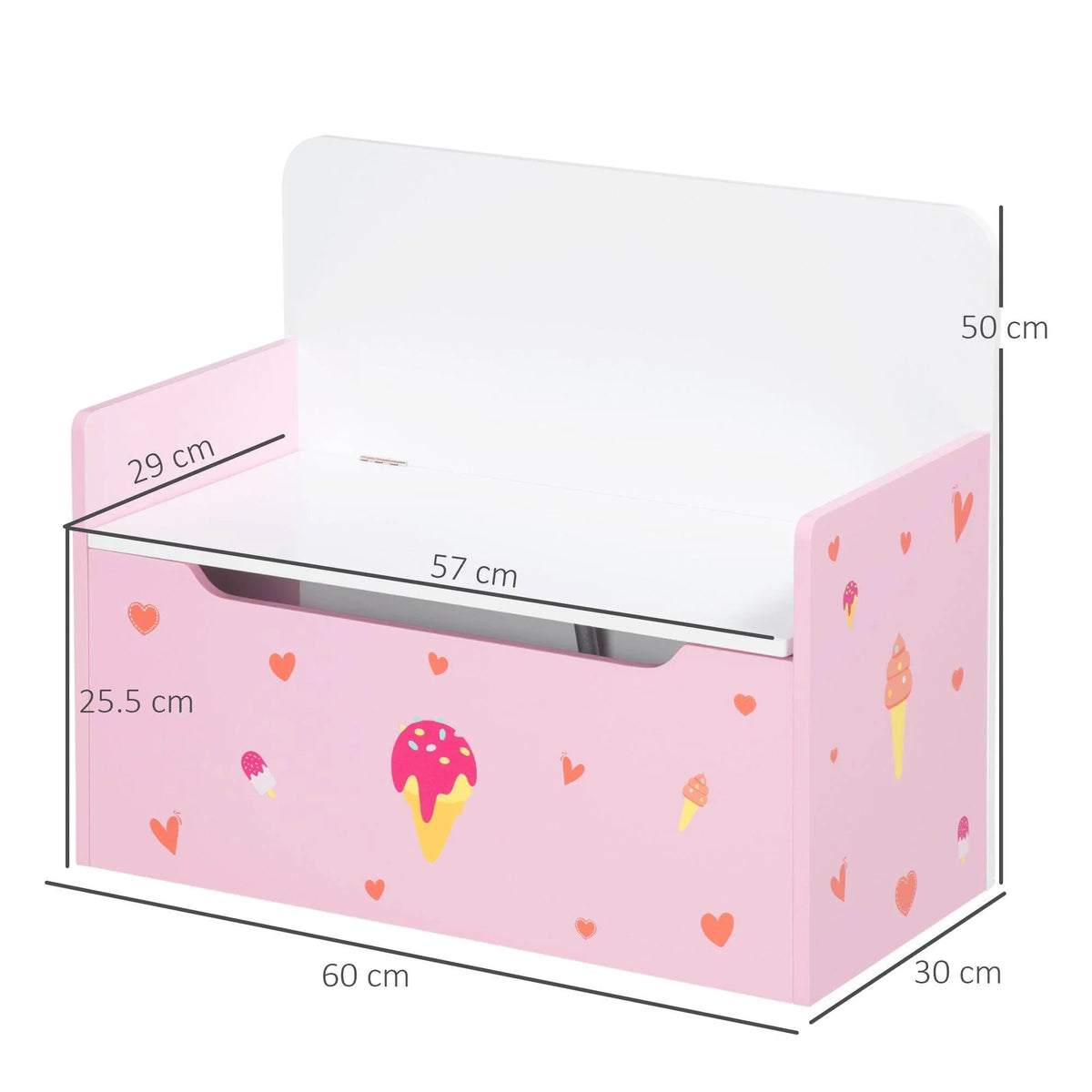Pink wooden toy storage bench with white lid and ice-cream pattern; size shown