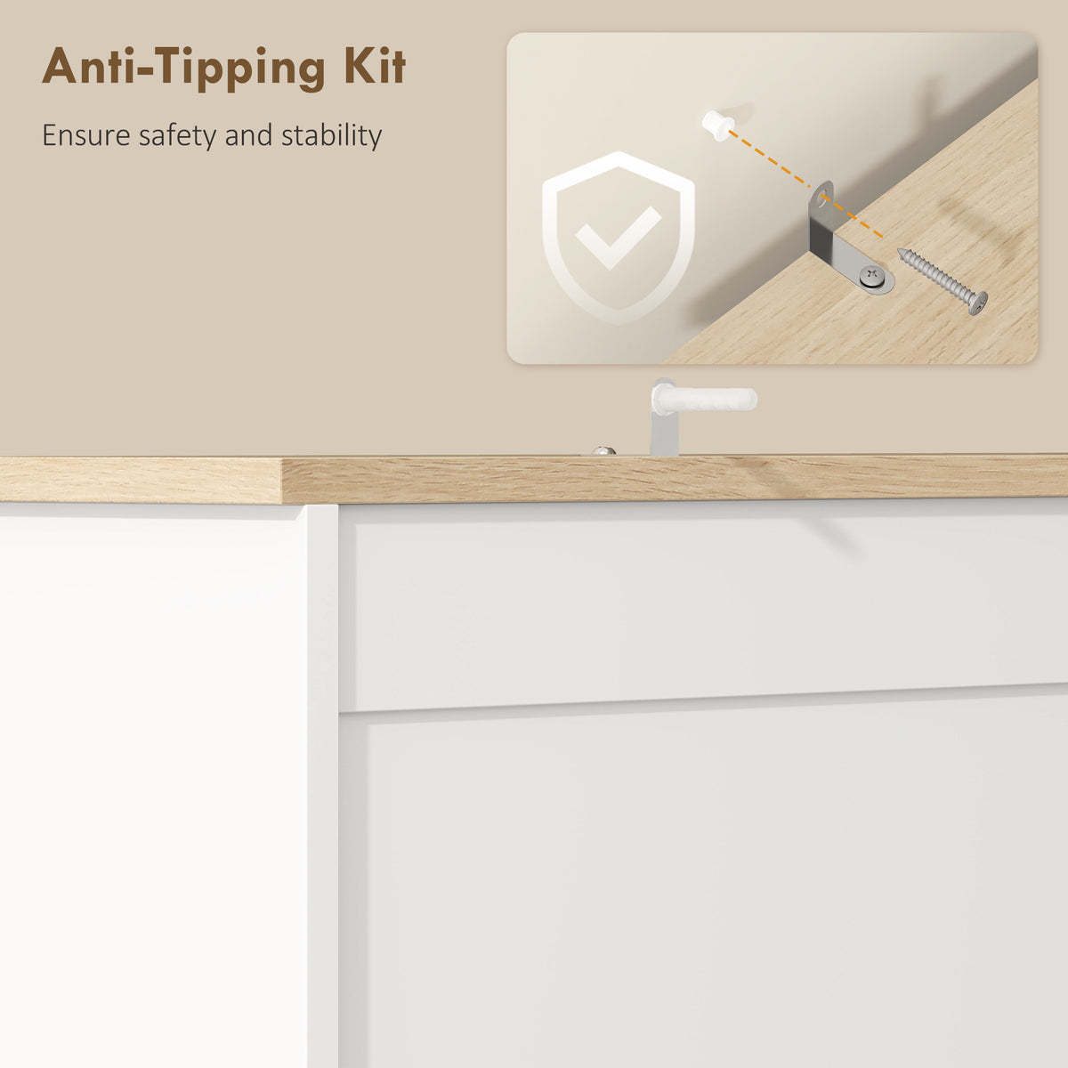 White kitchen cabinet corner with anti-tipping kit for stability