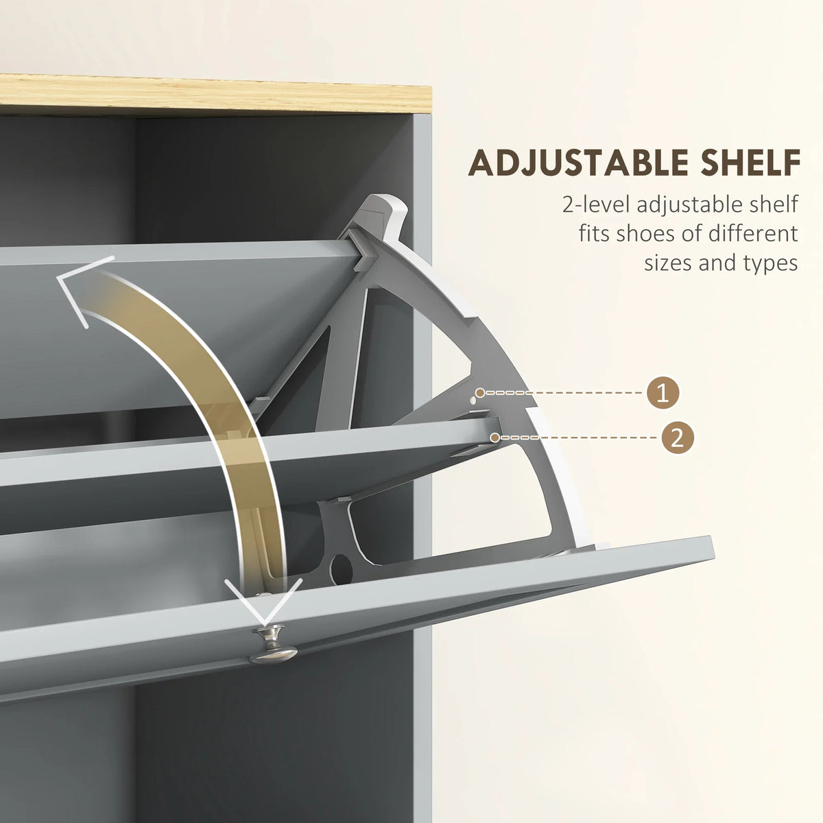 Grey adjustable shelf inside shoe cabinet with two-level flip drawer design