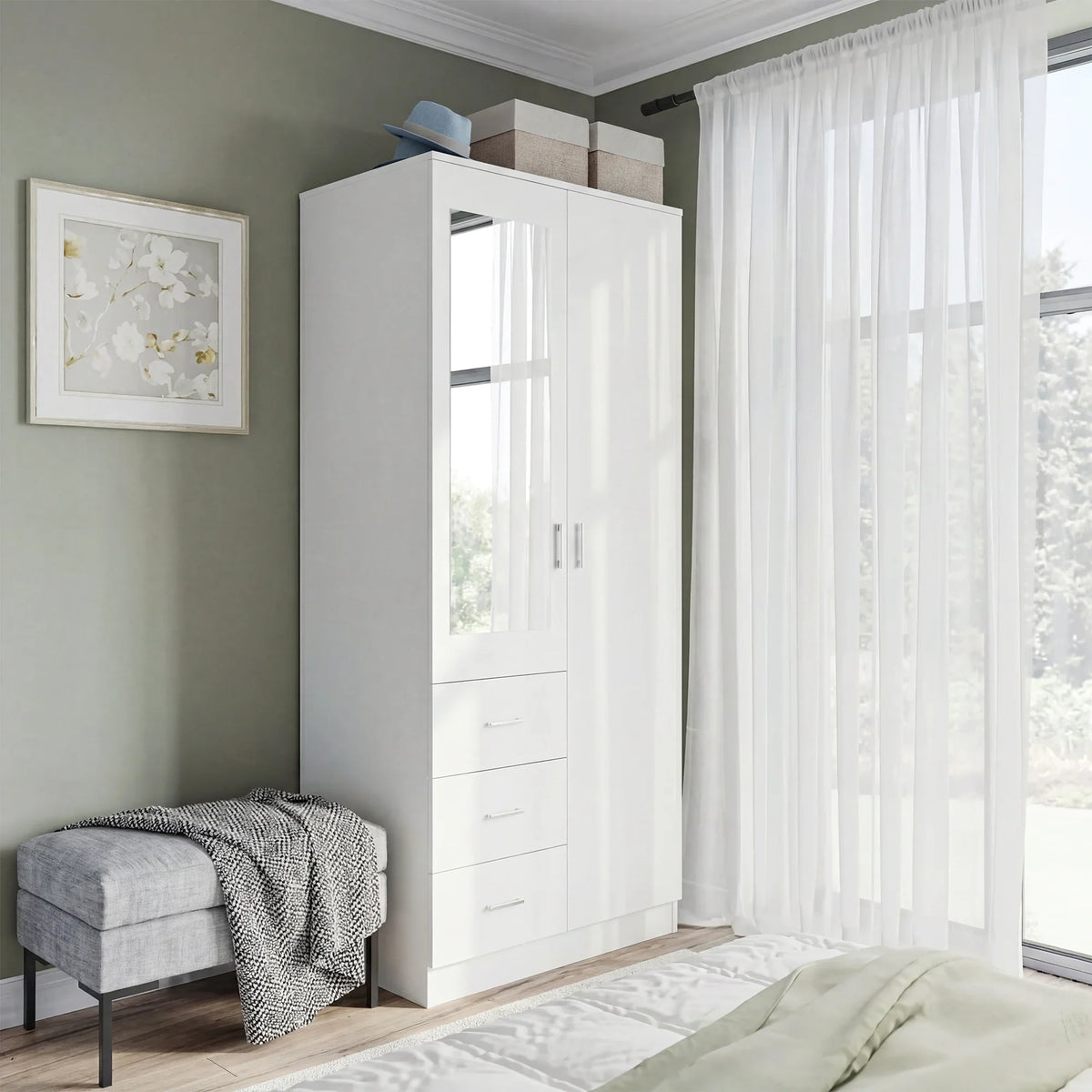 White mirrored wardrobe with two doors, drawers, and hanging rail.