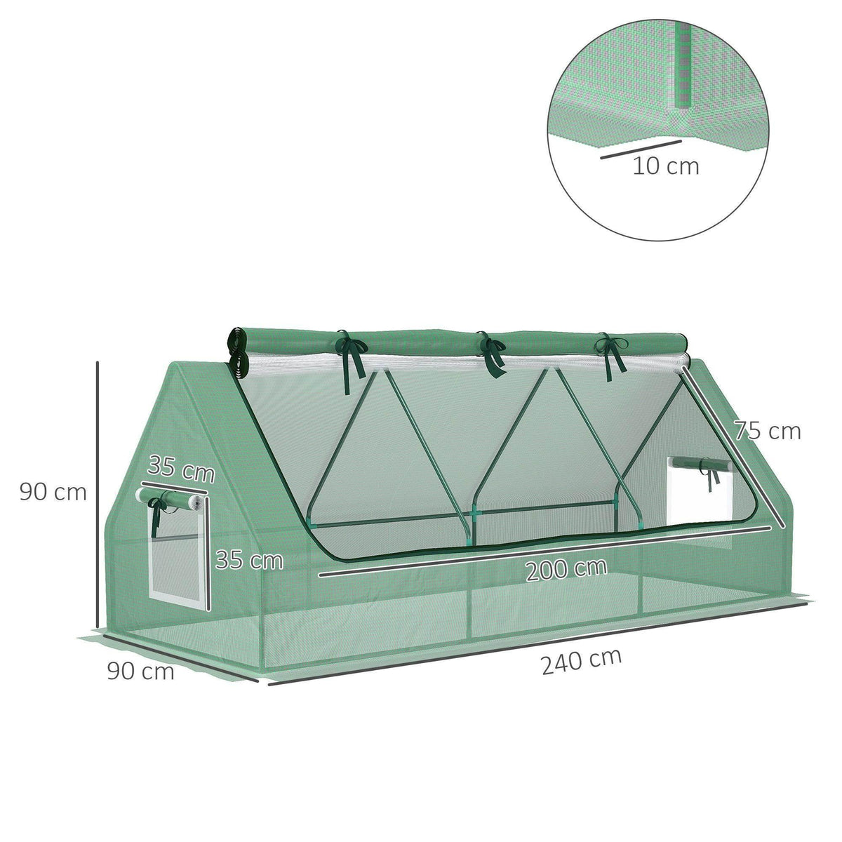 Green portable polytunnel frame with three mesh side windows and front door panel