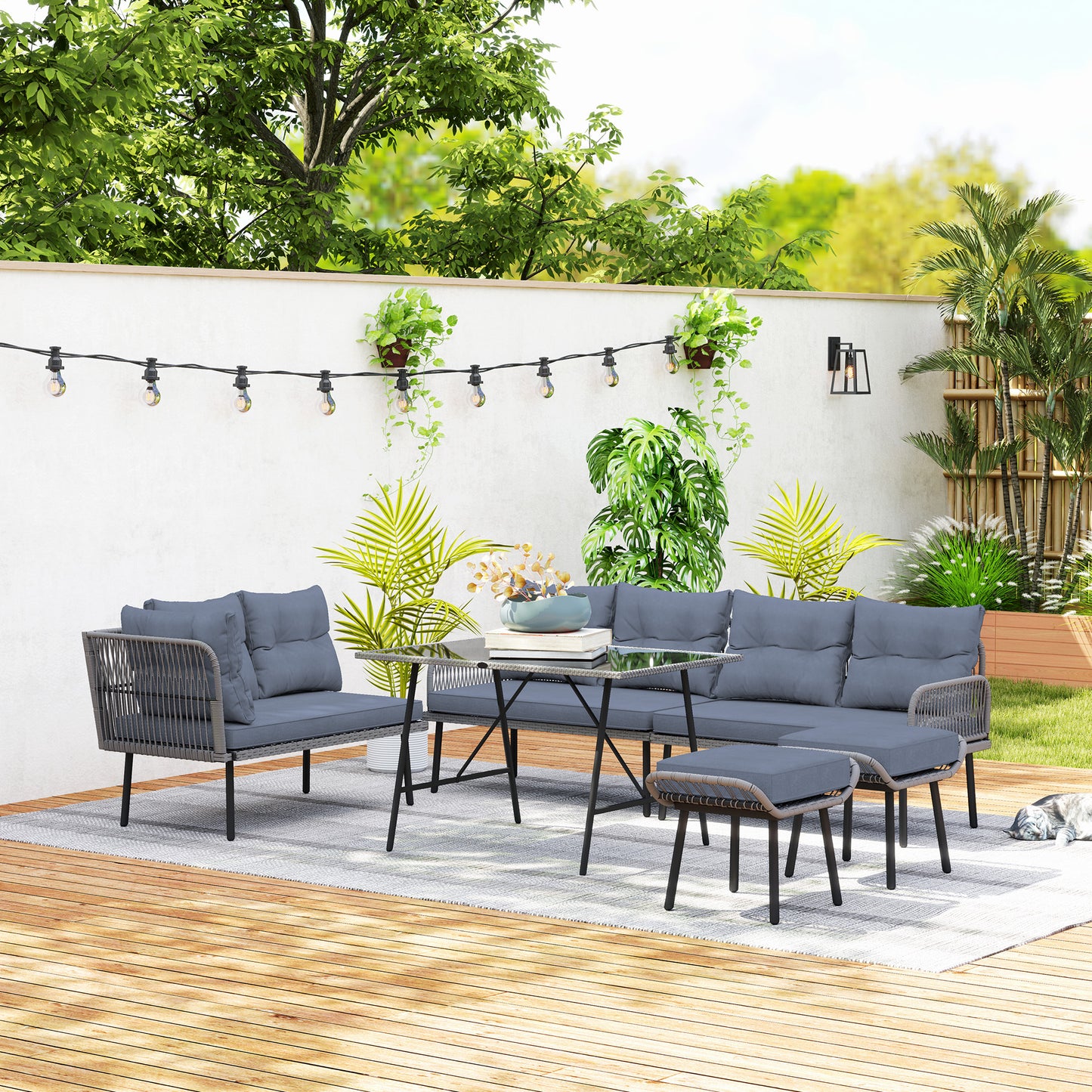 Outsunny 6 Piece Rattan Garden Furniture Set Charcoal Grey 8 Seater Corner Sofa With Cushions Glass Top Table And Stools