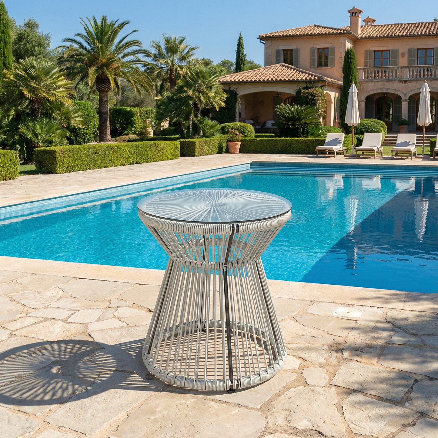 Outsunny Rattan Outdoor Coffee Table With PE Rattan Wicker And Tempered Glass Top In Light Grey
