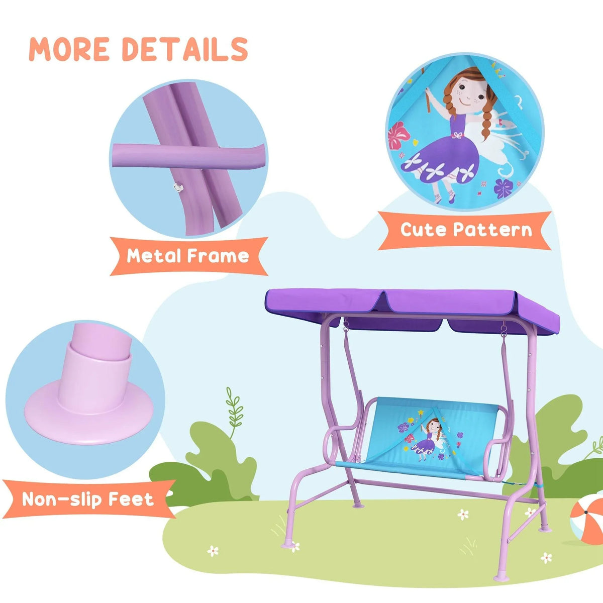 Purple kids swing frame with blue seat panel featuring fairy character pattern