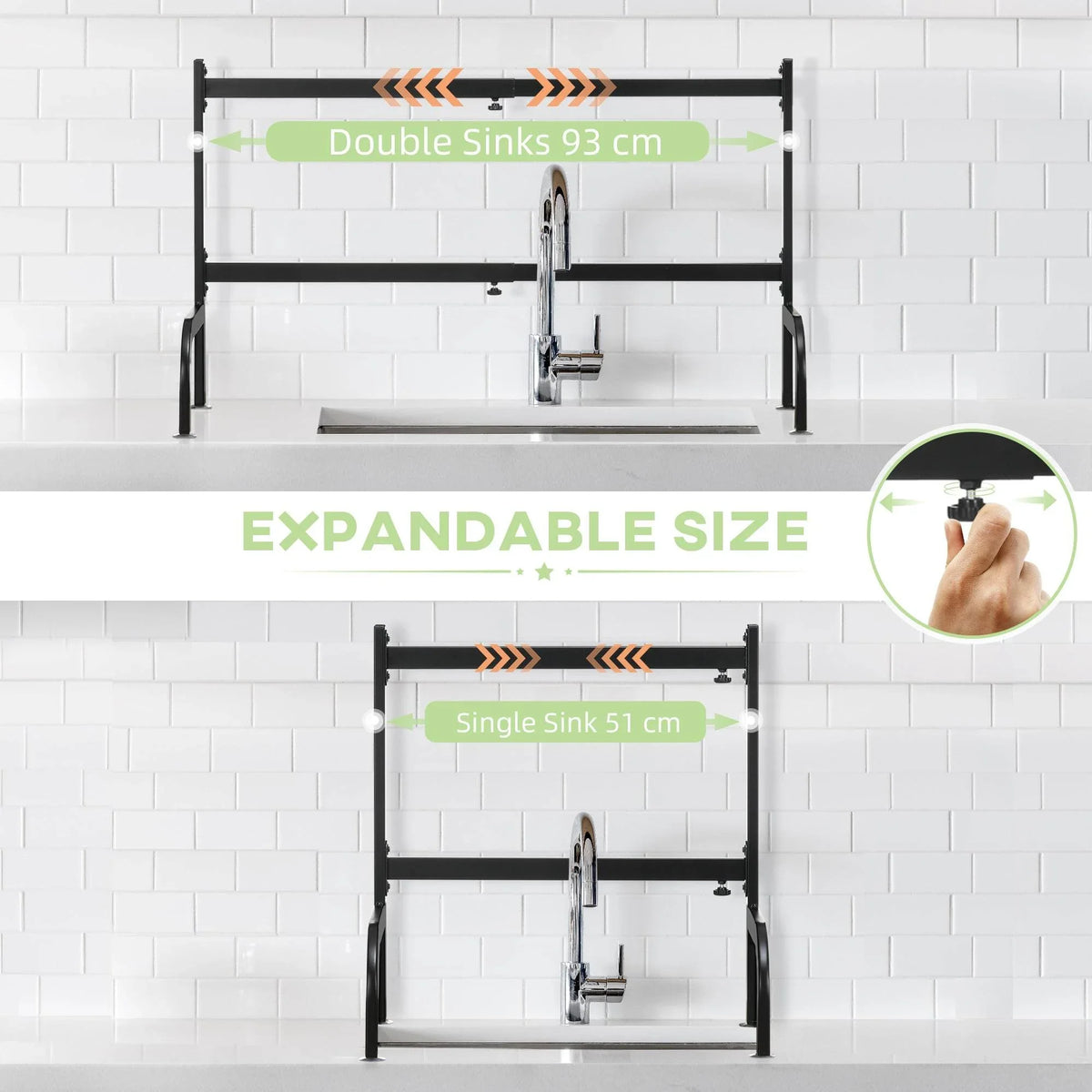 Expandable black over-sink dish rack for single- or double-sink setups