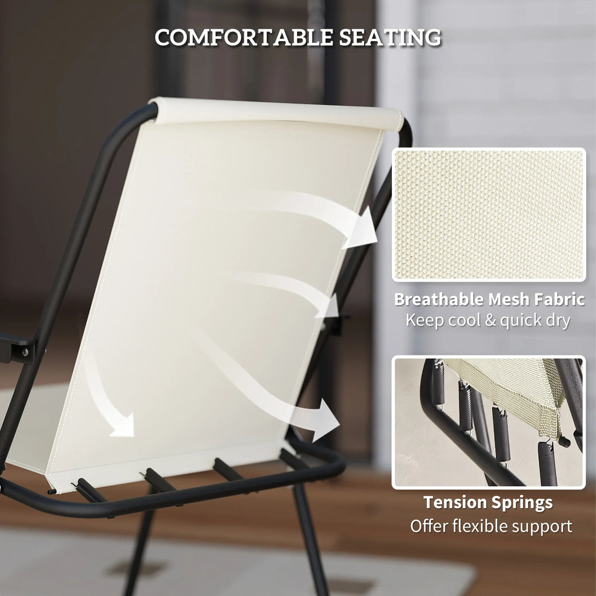 Cream and black folding patio chair with breathable mesh back and seat