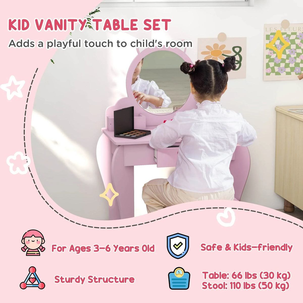 Pink wooden kids vanity table set with round cat mirror and matching stool