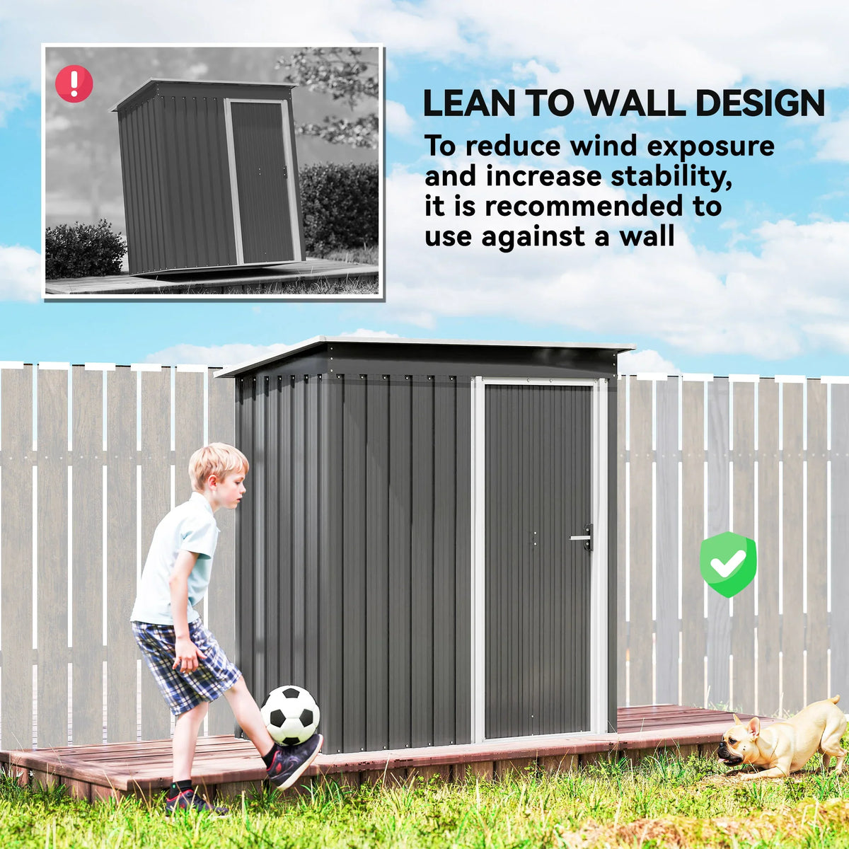 Light grey metal garden storage shed with sloped roof and single door panel