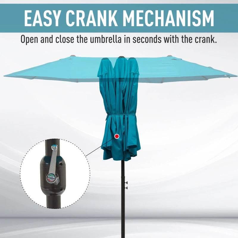 Teal-blue patio parasol with crank-style opening mechanism and black pole