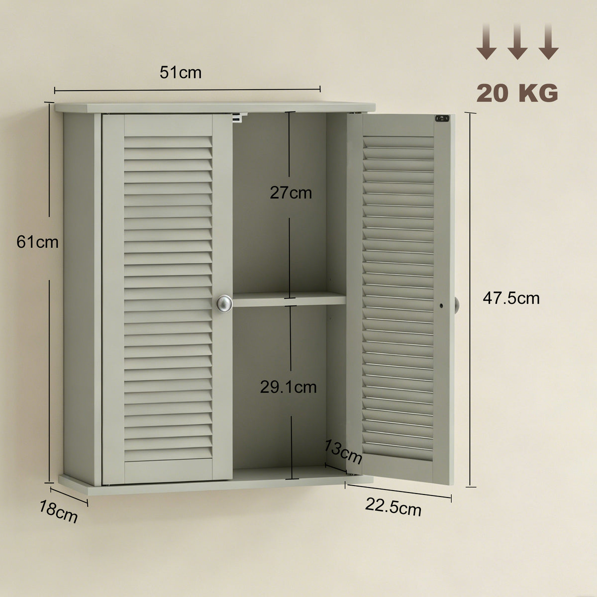 Wall cabinet with louvered doors open to reveal adjustable shelf storage compartment.