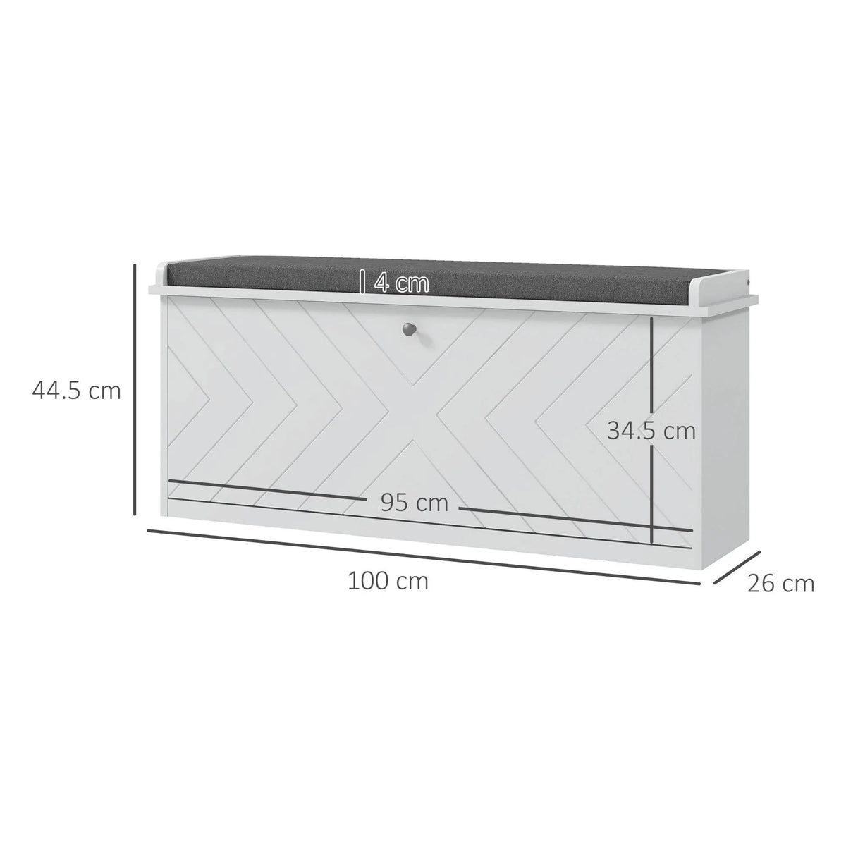 White shoe storage bench with gray cushioned top and open shelf, shown with dimensions.