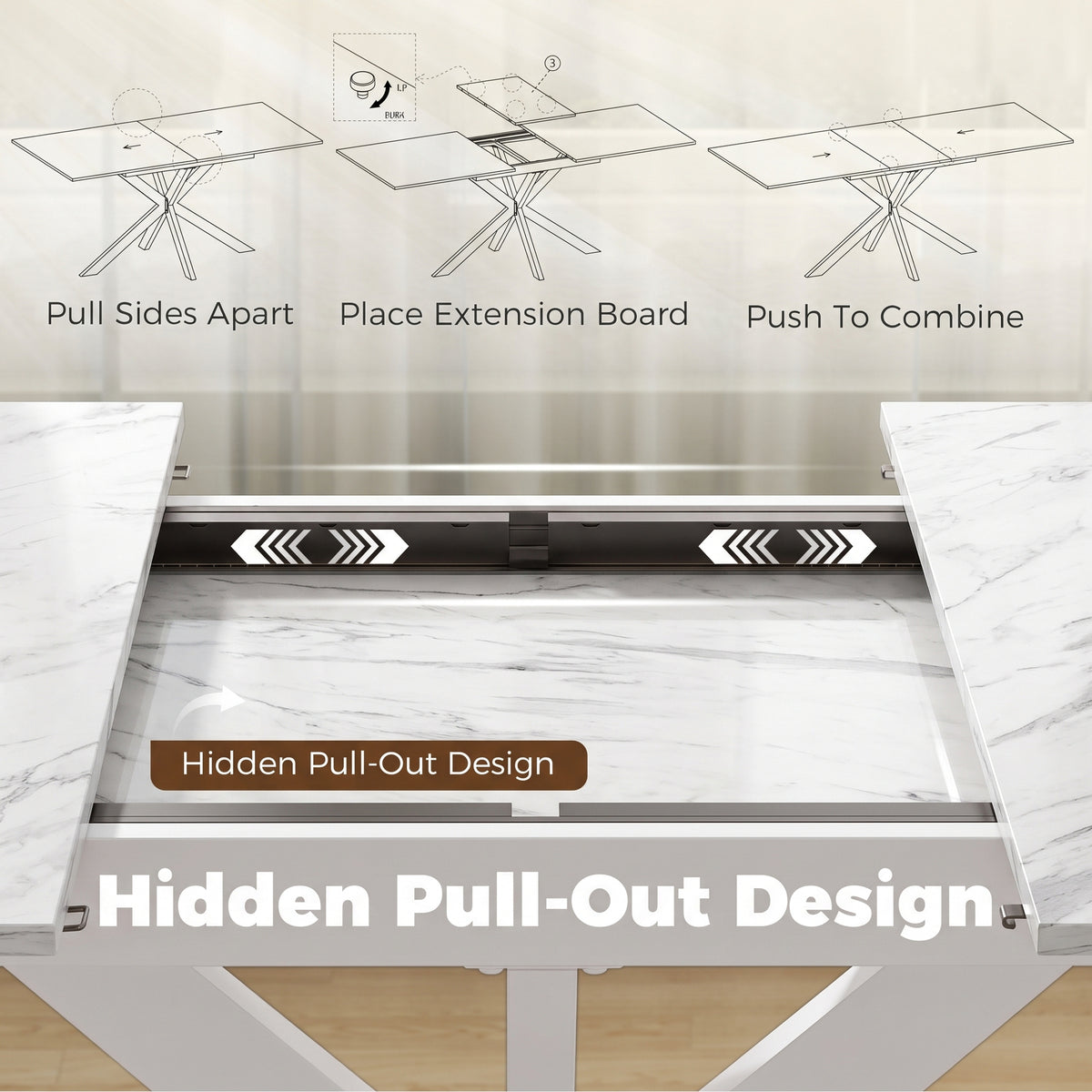 Close-up of hidden pull-out extension design under a white marble-look dining table