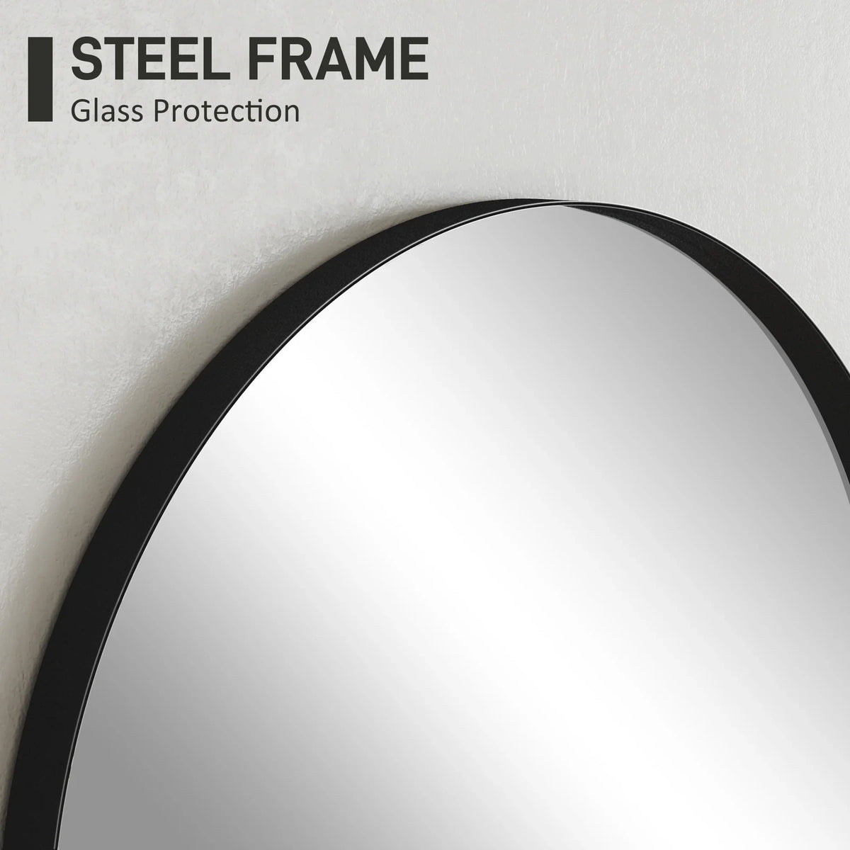 Black arched mirror with steel frame edge detail