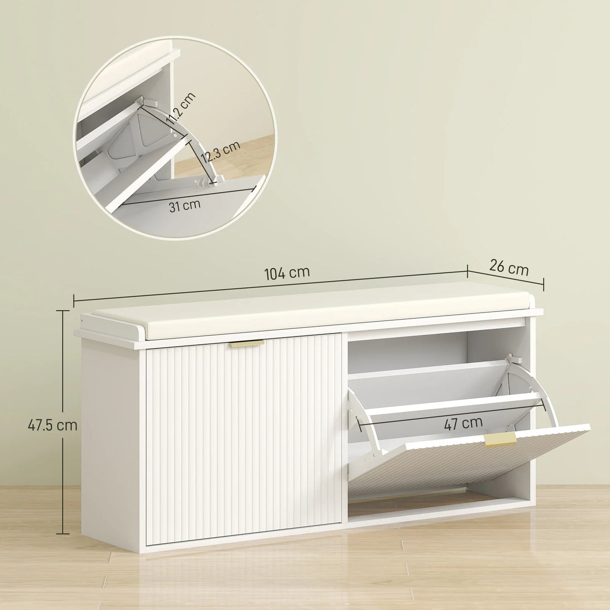 White shoe bench with flip drawer, open inner compartment and padded seat top