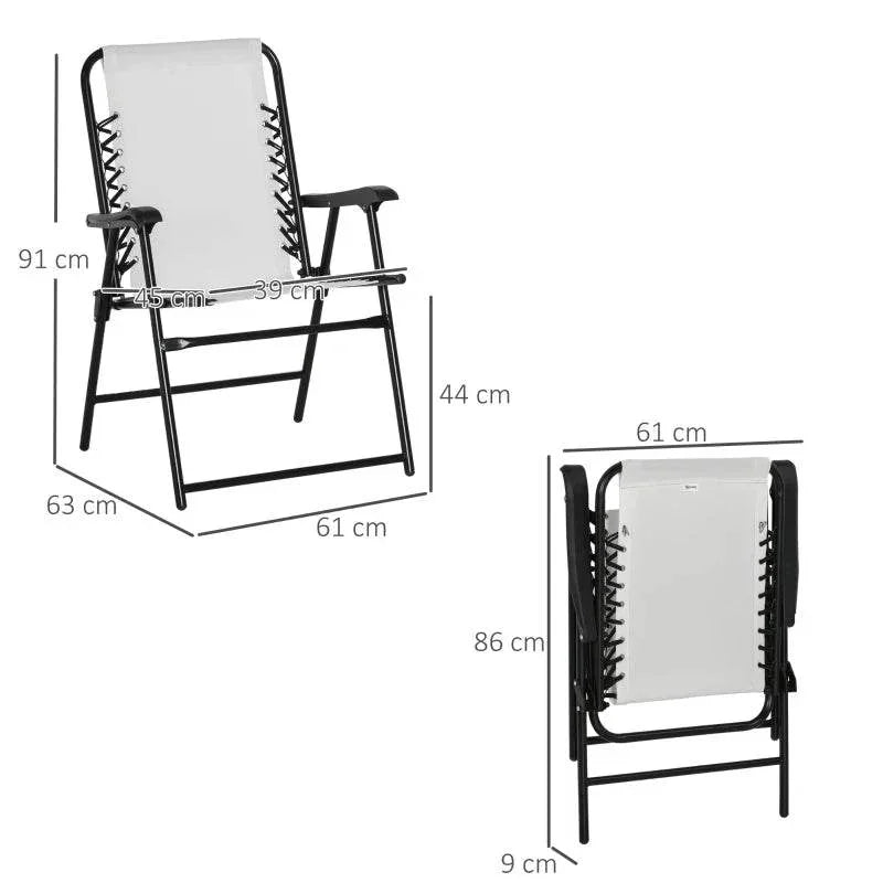 Cream folding patio chair with armrest and mesh seat/backrest; size diagram in cm
