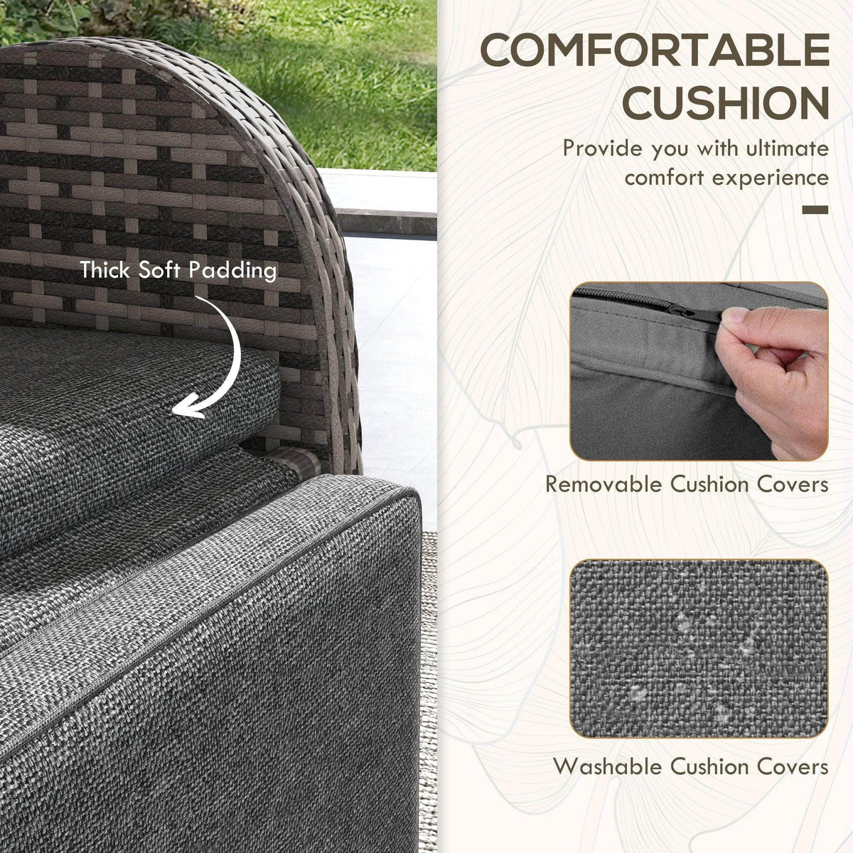 Gray removable cushion with thick padding for patio rattan chaise lounge