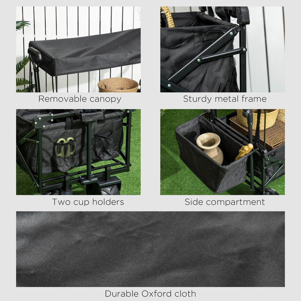Black outdoor wagon stroller cart with removable canopy, metal frame, and cup holders