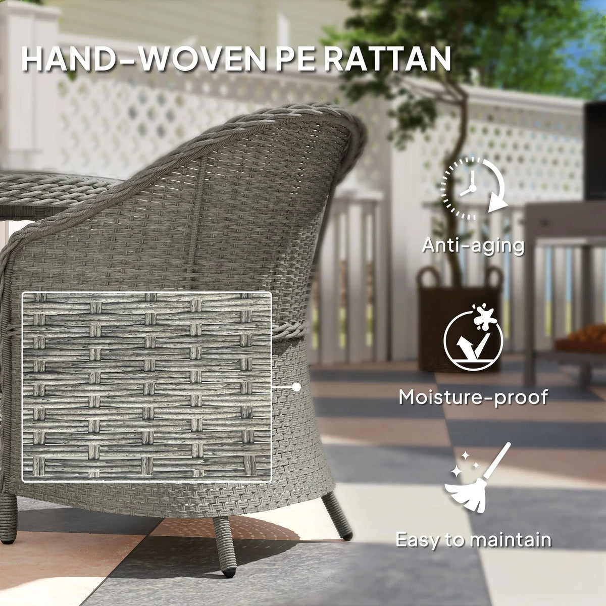 Grey woven rattan armchair with textured backrest and thick seat cushion