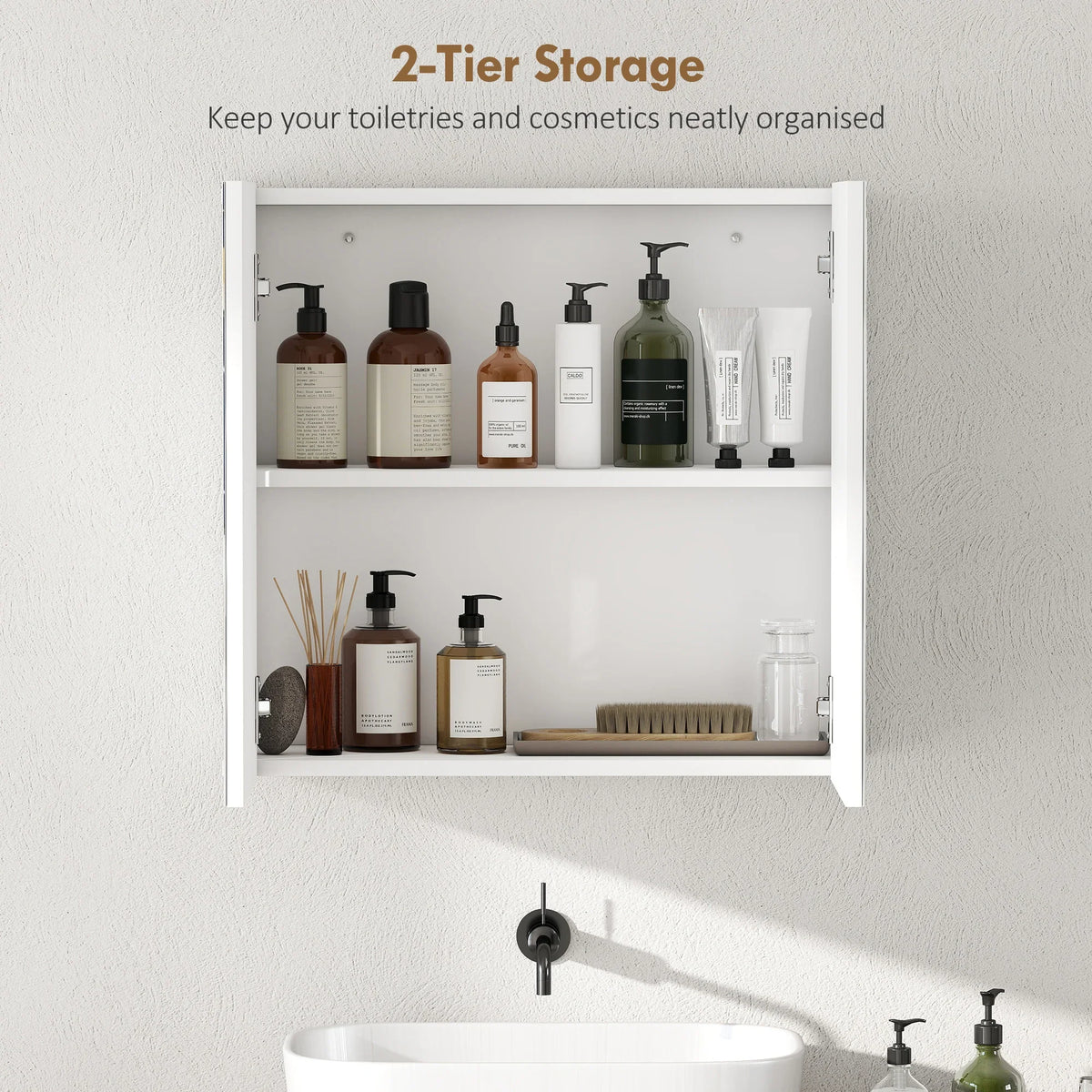 White bathroom mirror cabinet with open double doors and two-tier storage shelves