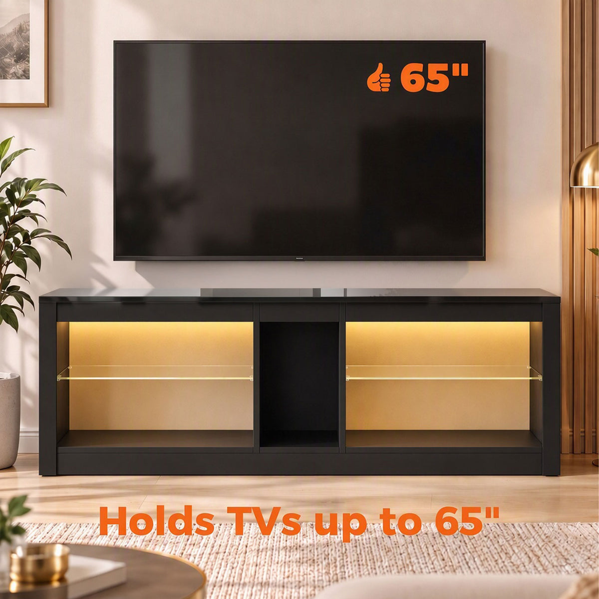 Dark gray TV stand with large display shelf and warm LED backlighting