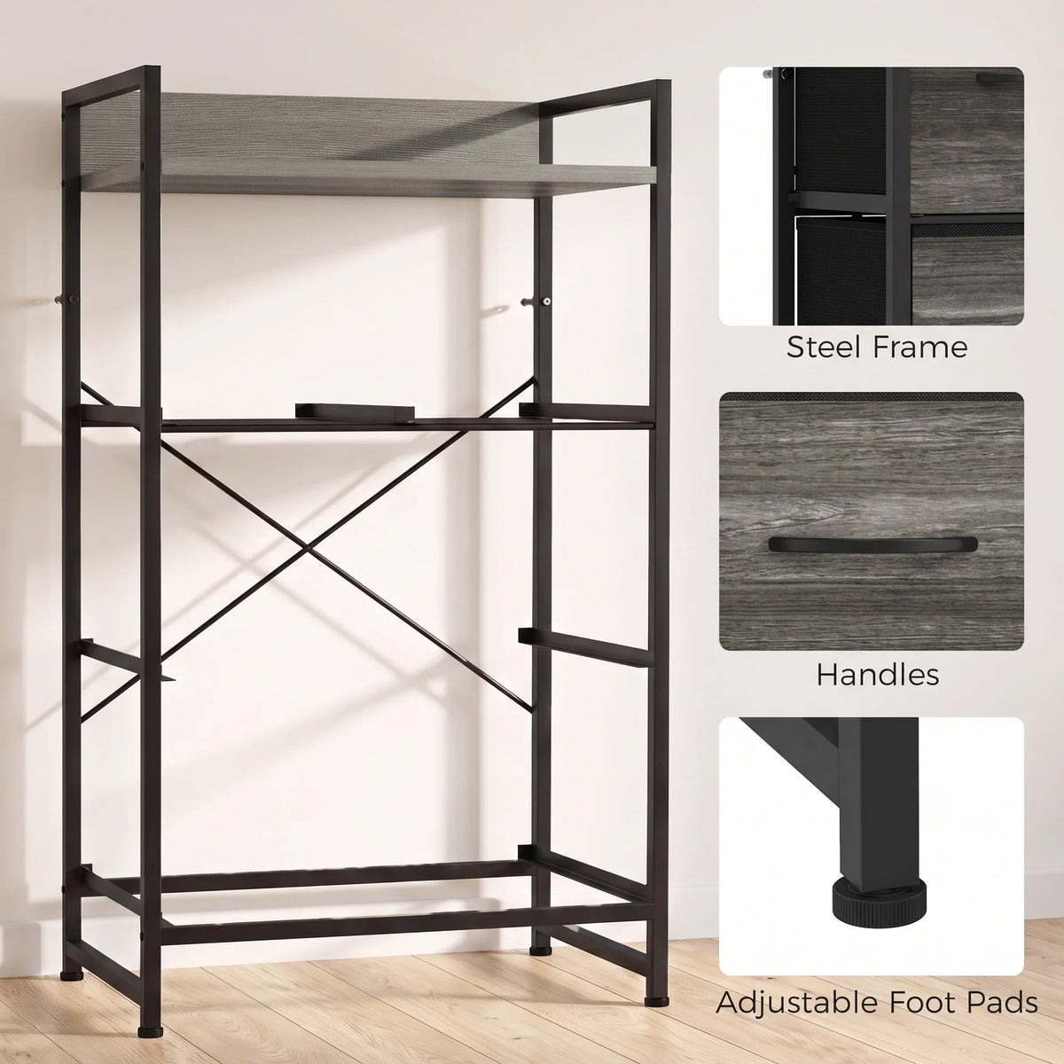 Black steel frame dresser with cross brace and adjustable foot pads, four drawer fronts