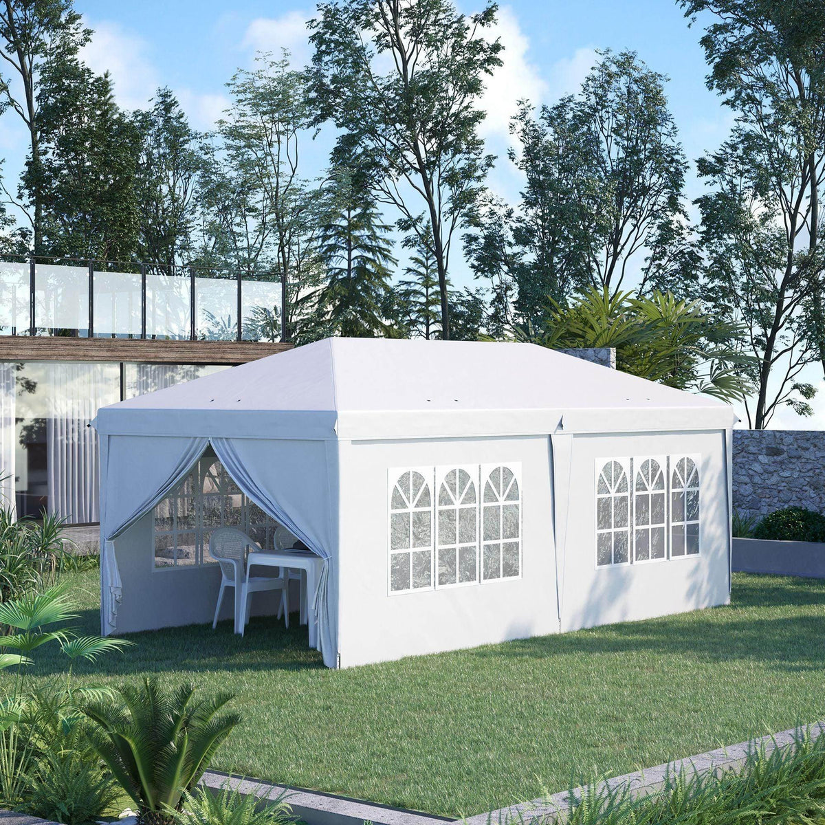 White pop-up gazebo party tent with side curtains and window panels