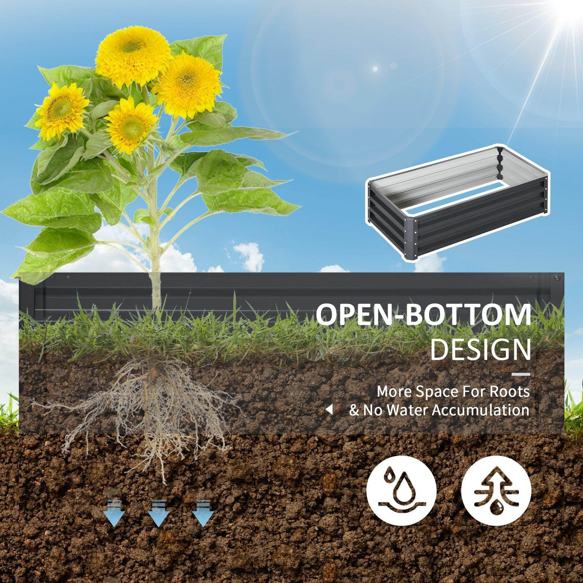 Grey raised garden bed planter box illustration with open-bottom design
