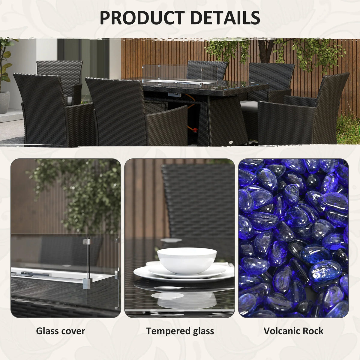 Fire pit table features: glass cover, tempered glass top, and volcanic rock filler