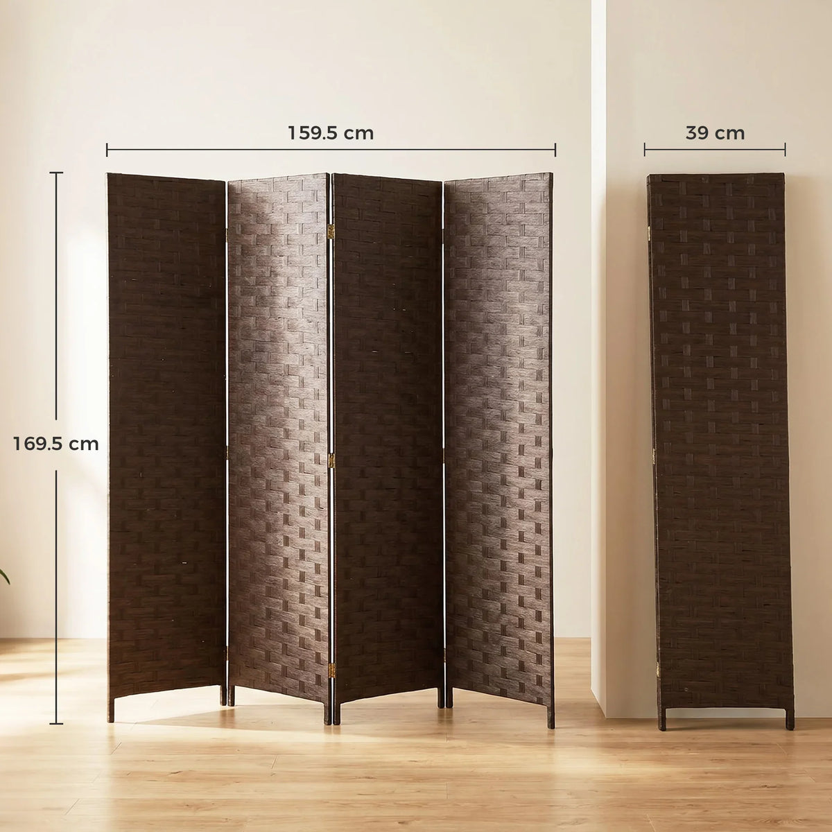 Four-panel room divider screen, dark brown woven panels with light gray reverse sides