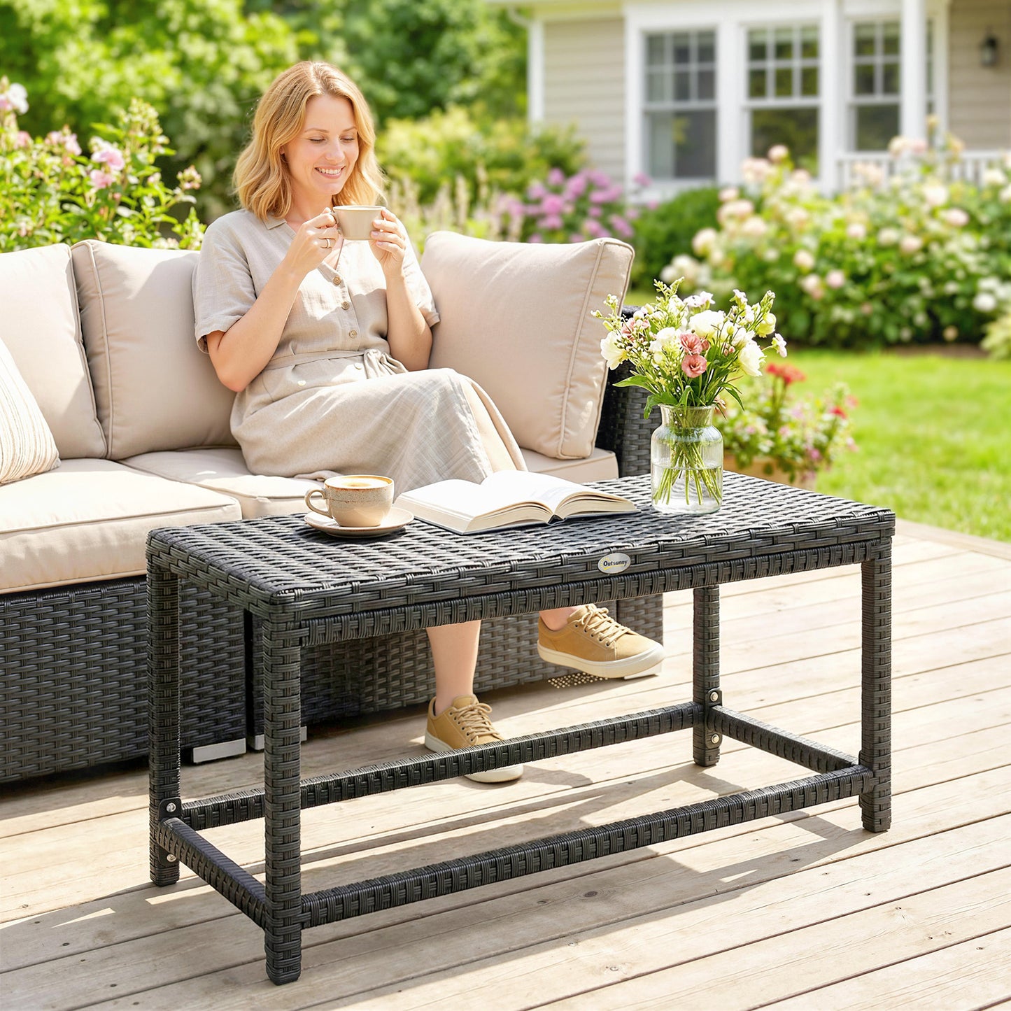 Outsunny Outdoor Coffee Table With Rectangular Frame And Rattan Tabletop Black Patio Side Table For Balcony
