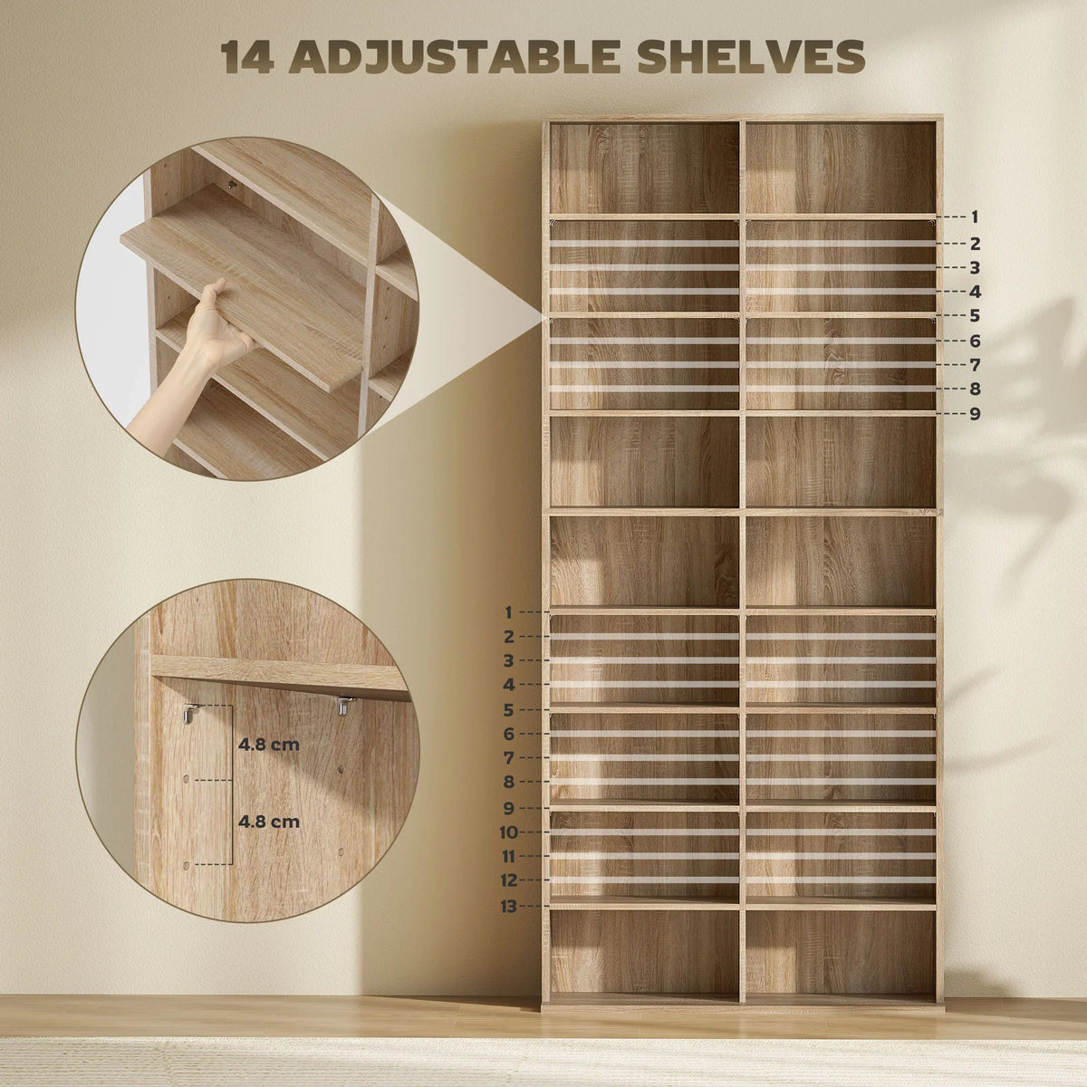 Wood CD storage tower showing adjustable shelf holes and numbered supports