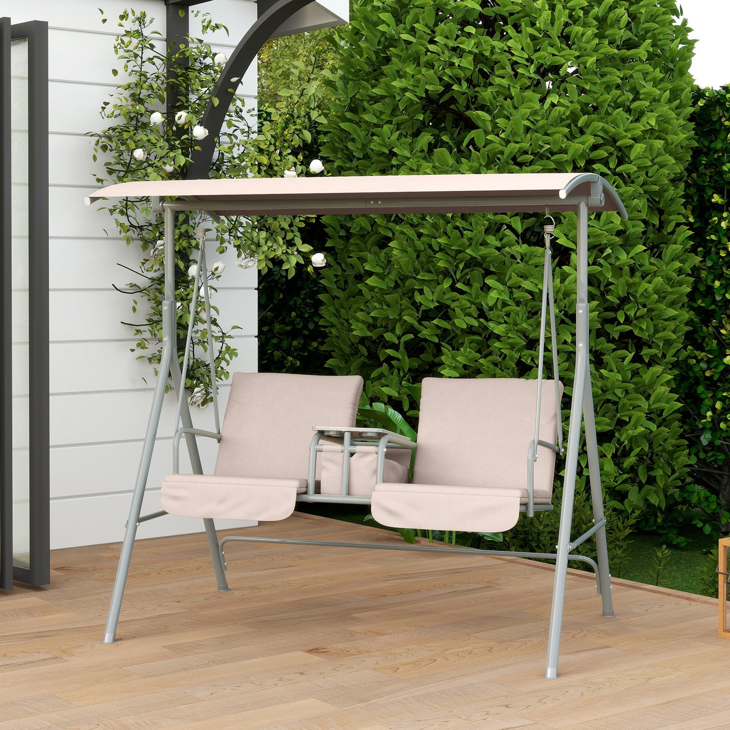 Outsunny 2 Seater Garden Swing Chair Patio Rocking Bench Tilting Canopy Double Padded Seats Storage Bag Tray Beige
