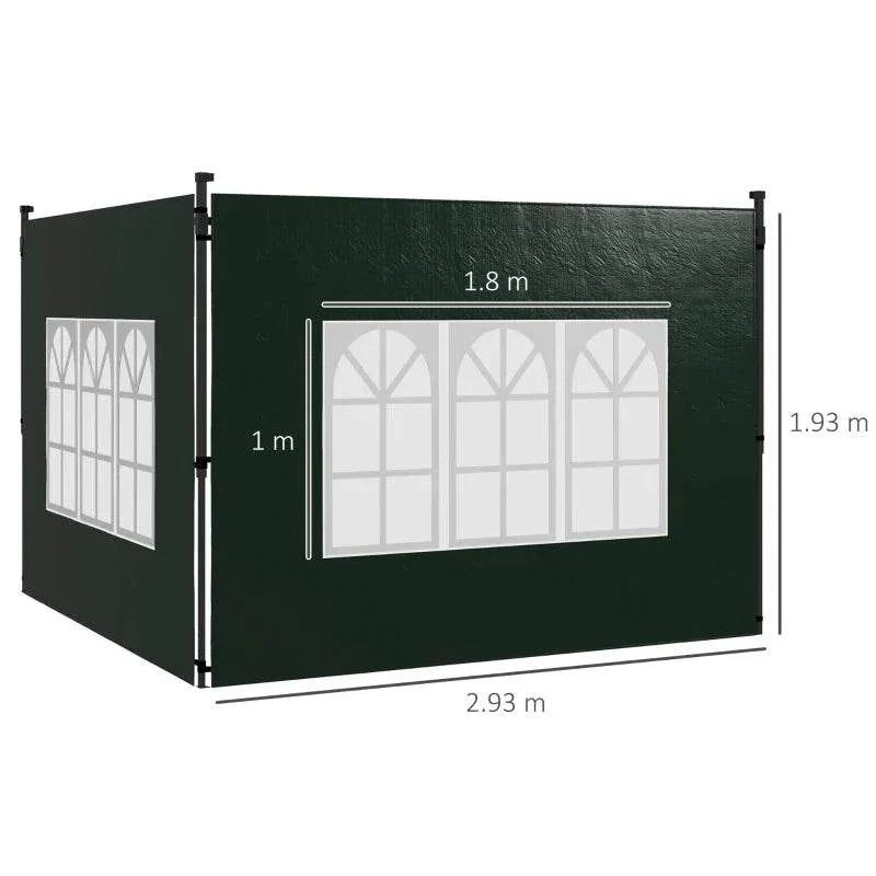 Green gazebo side wall panel with white arched window pattern and metal corner posts