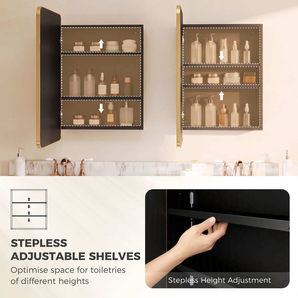 Bathroom mirror cabinet with open door showing adjustable shelves for toiletries.