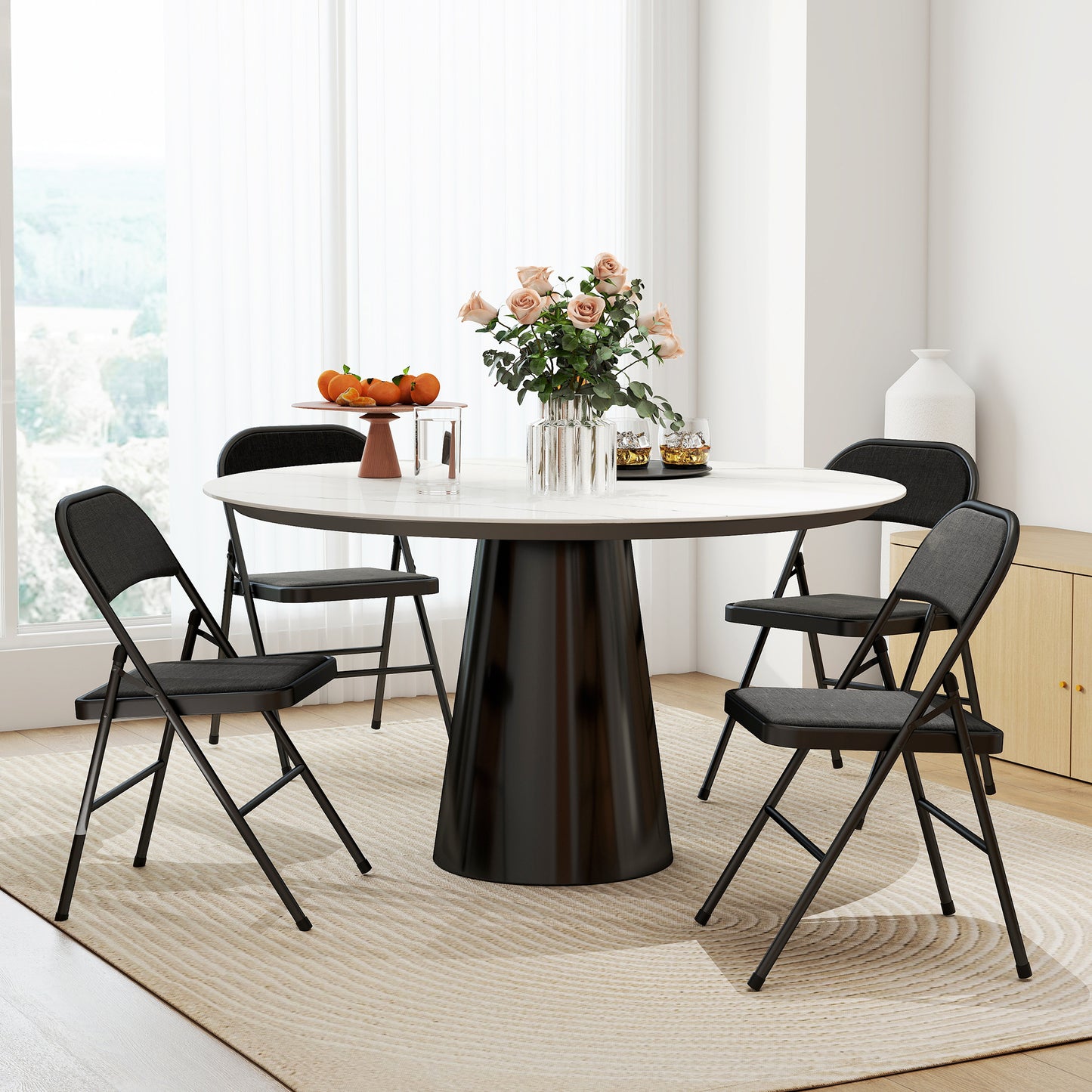 HOMCOM Linen Look Cushioned Folding Chairs Set Of Four Black With Steel Frames Indoor Or Outdoor Use