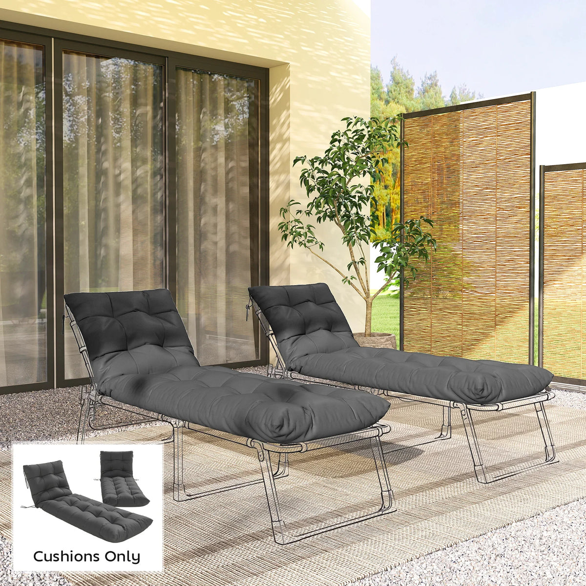 Dark grey sun lounger replacement cushions with ties, two padded seat pads