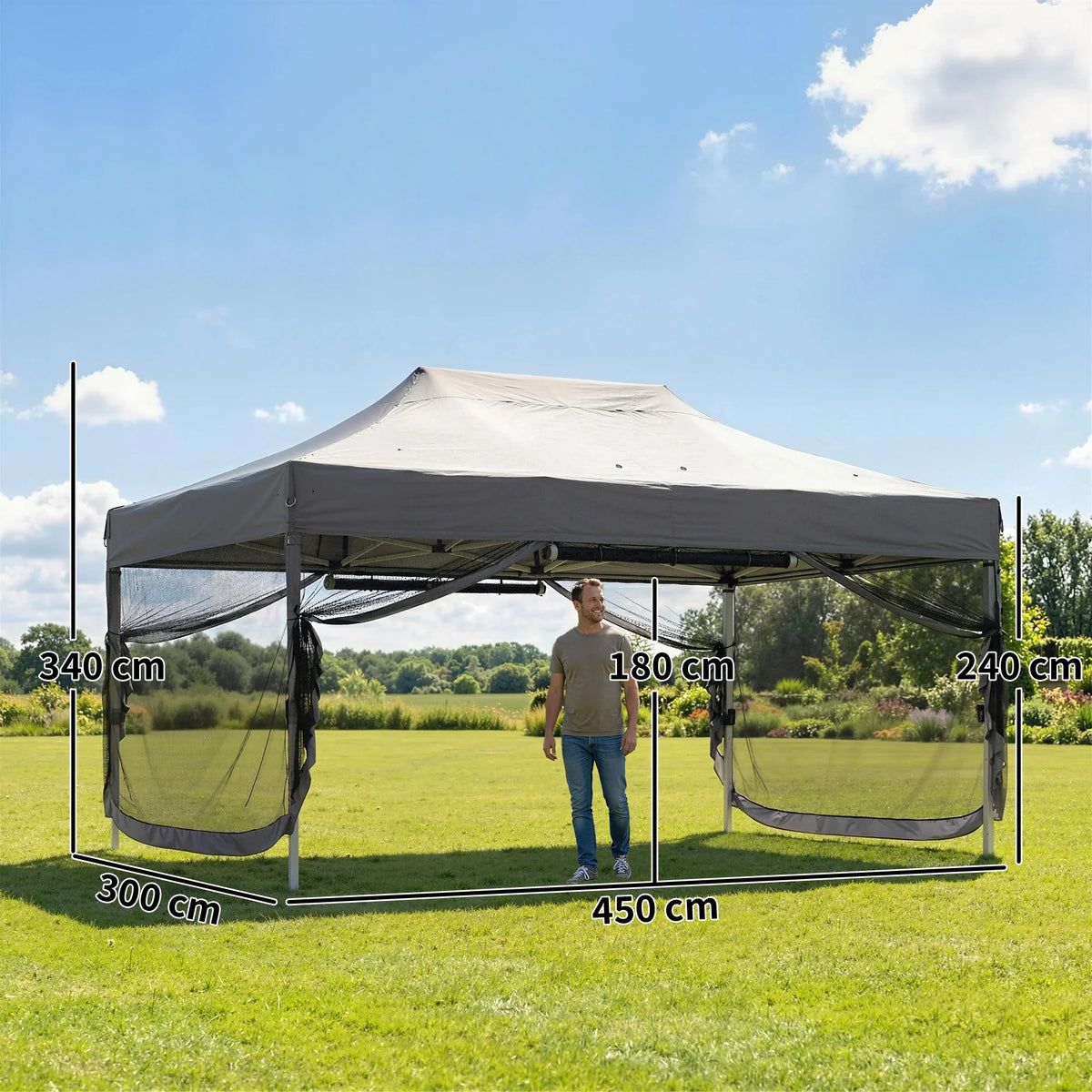 Dark grey pop-up gazebo with open mesh panels and peaked canopy, yard dimensions shown