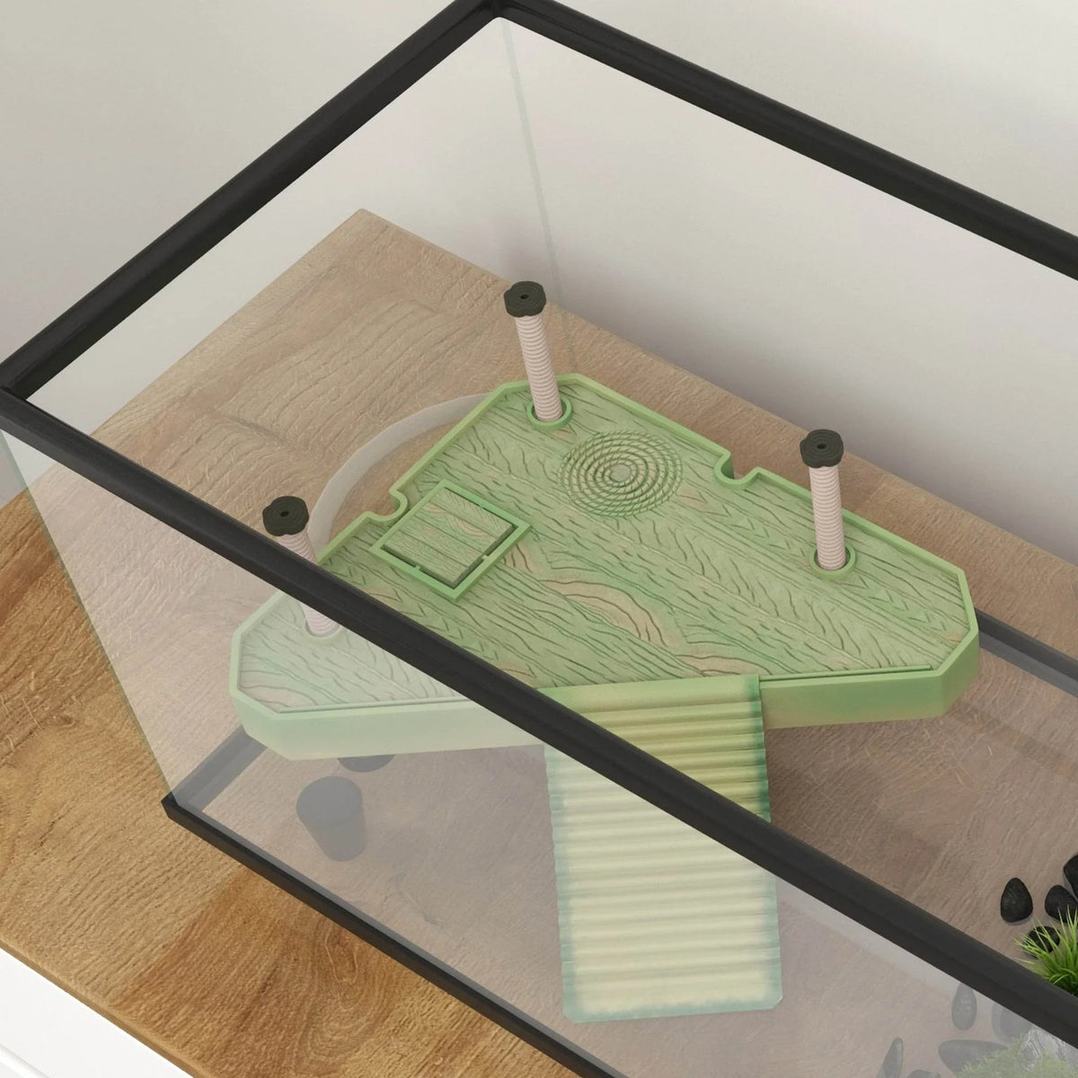 Close-up of green basking platform and ramp inside a clear glass turtle aquarium