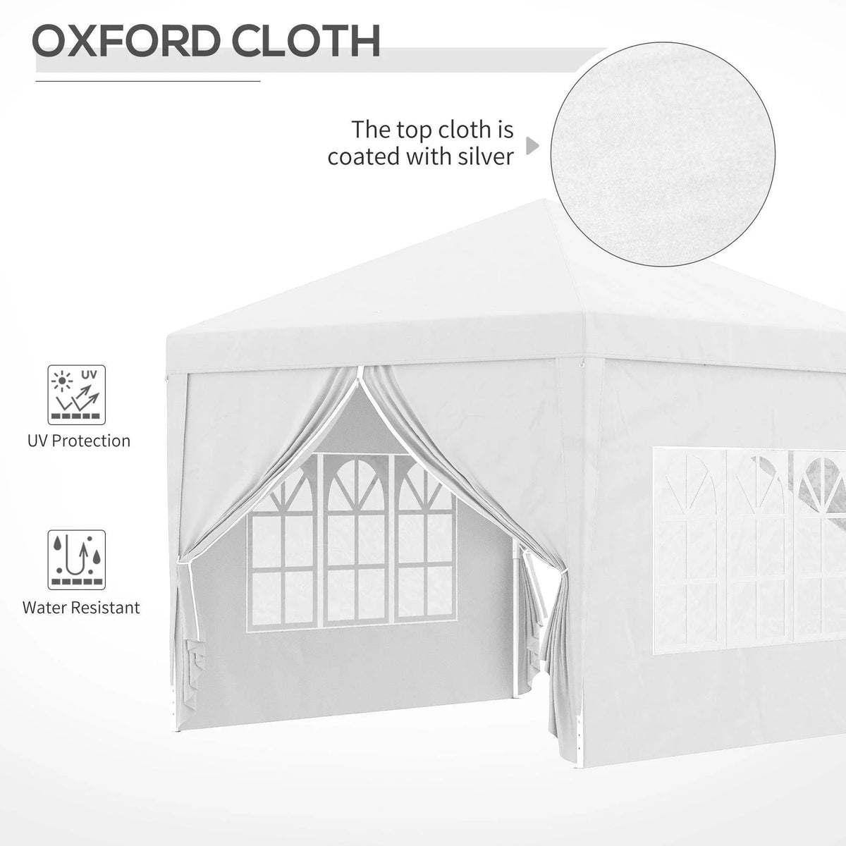White pop-up gazebo tent in Oxford cloth with silver-coated top fabric
