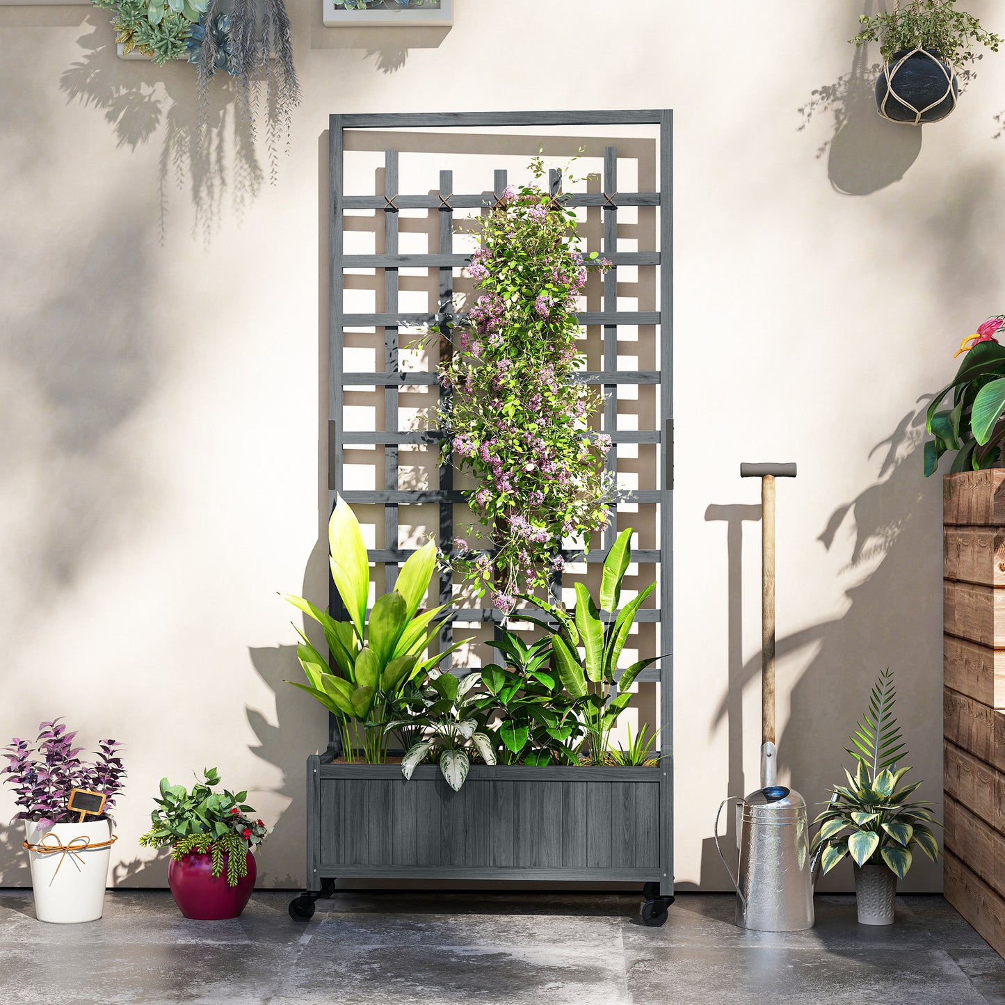 Outsunny Wooden Trellis Planter With Wheels Raised Garden Bed For Climbing Vegetables Herbs And Flowers Grey