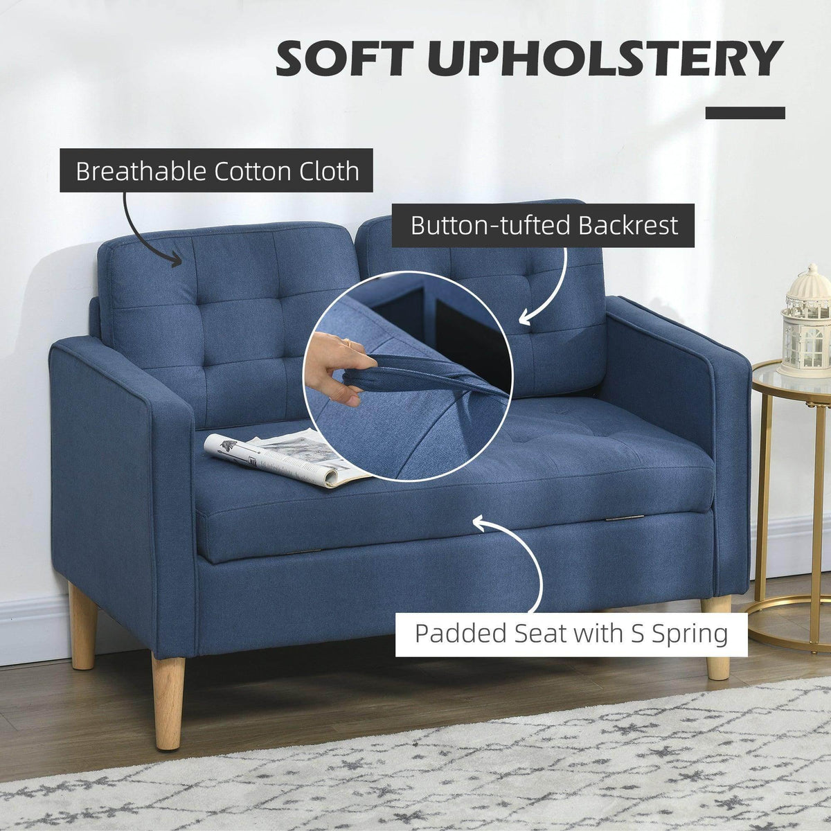 Blue loveseat sofa with deep padded seat, button-tufted backrest, and stitched arms
