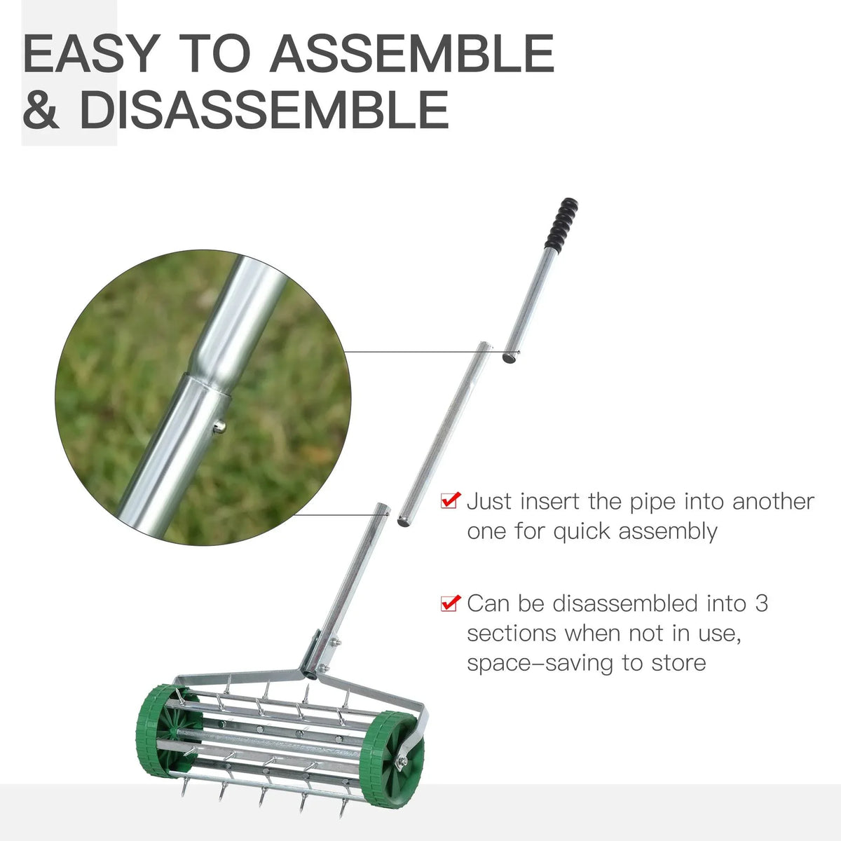 Green spike drum lawn aerator with segmented silver handle for quick assembly